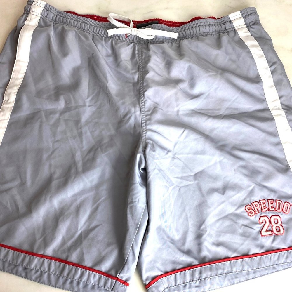 Speedo Swim Trunks hybrid gray, red white, retro,  pockets, elastic drawstring L